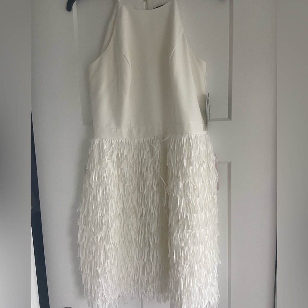 Crepe halter fringe dress. Aidan Mattox